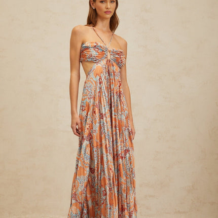 Orange Floral Print Halterneck Maxi Dress Sleeveless Cut-Out Design