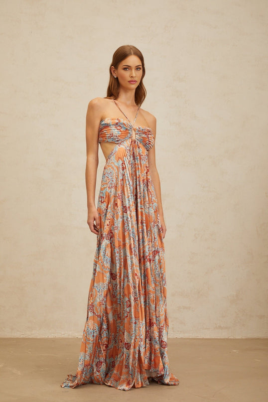 Orange Floral Print Halterneck Maxi Dress Sleeveless Cut-Out Design