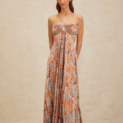 Orange floral print halterneck maxi dress with cut-out design and bustier style