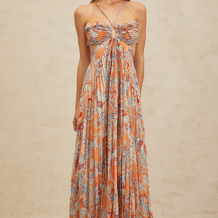 Orange floral print halterneck maxi dress with cut-out design