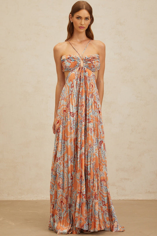 Orange floral print halterneck maxi dress with cut-out design