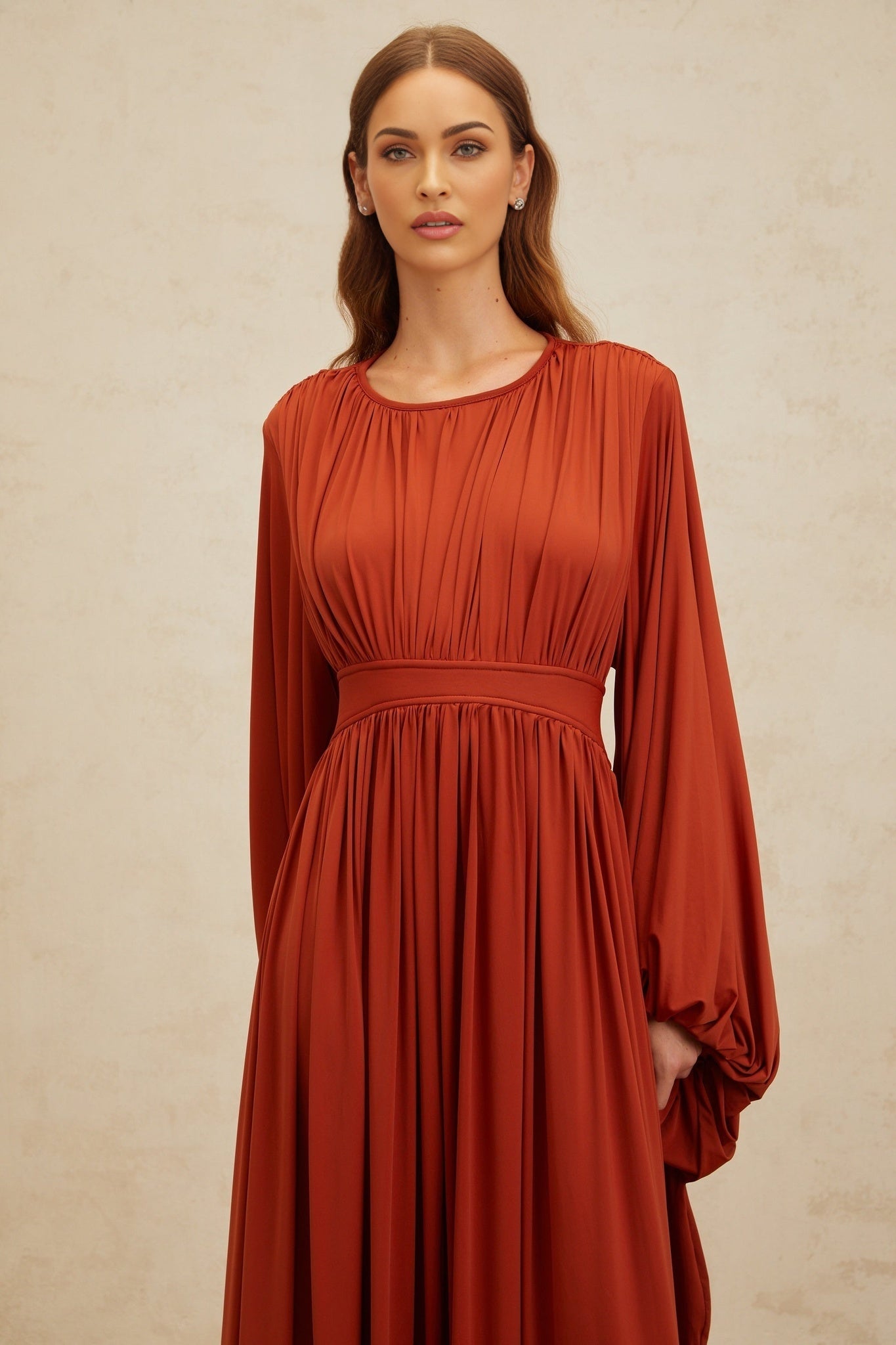 Orange Maxi Dress with Long Puff Sleeves and Cinched Waist