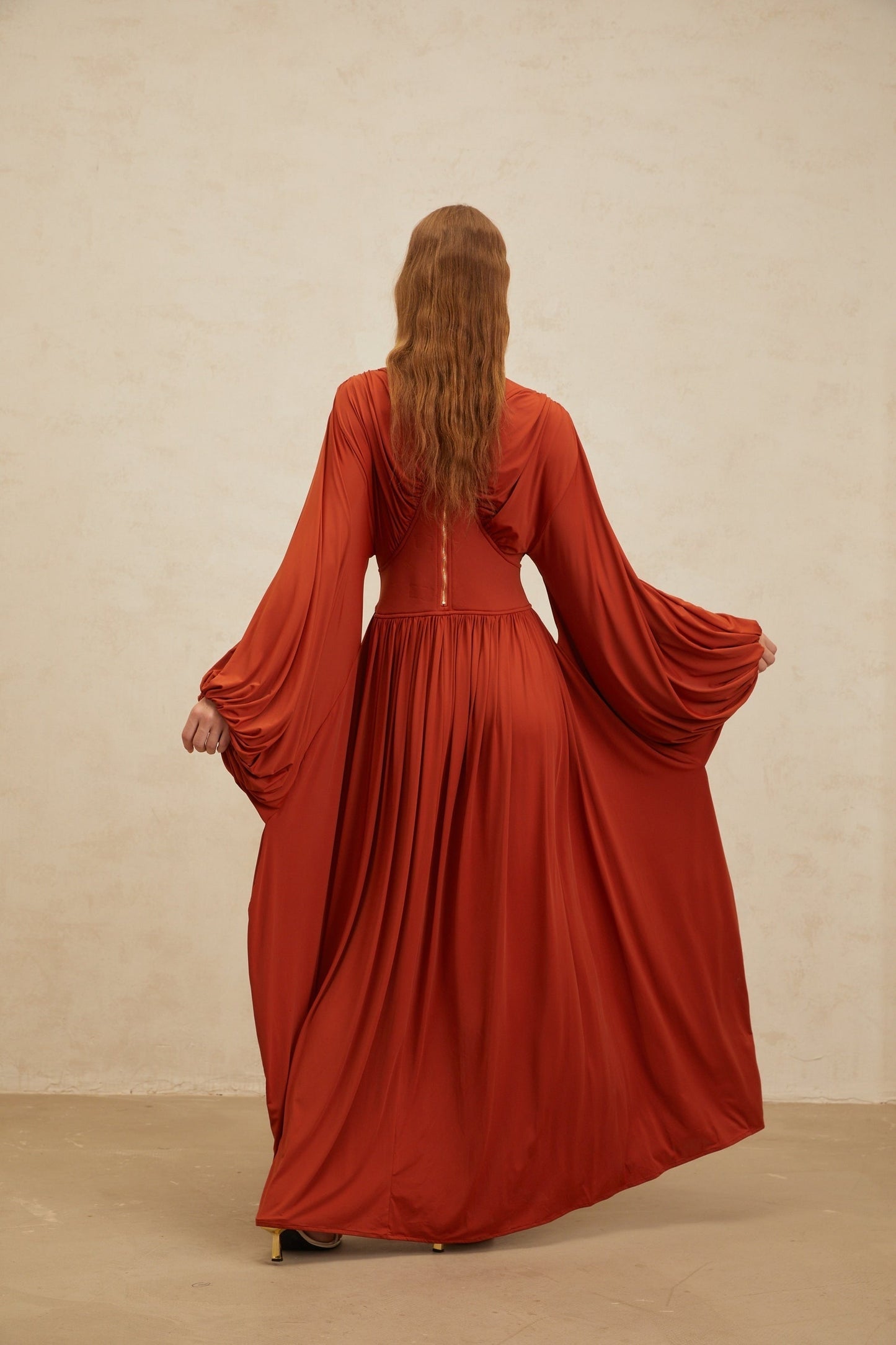 Orange Maxi Dress with Long Puff Sleeves and Cinched Waist