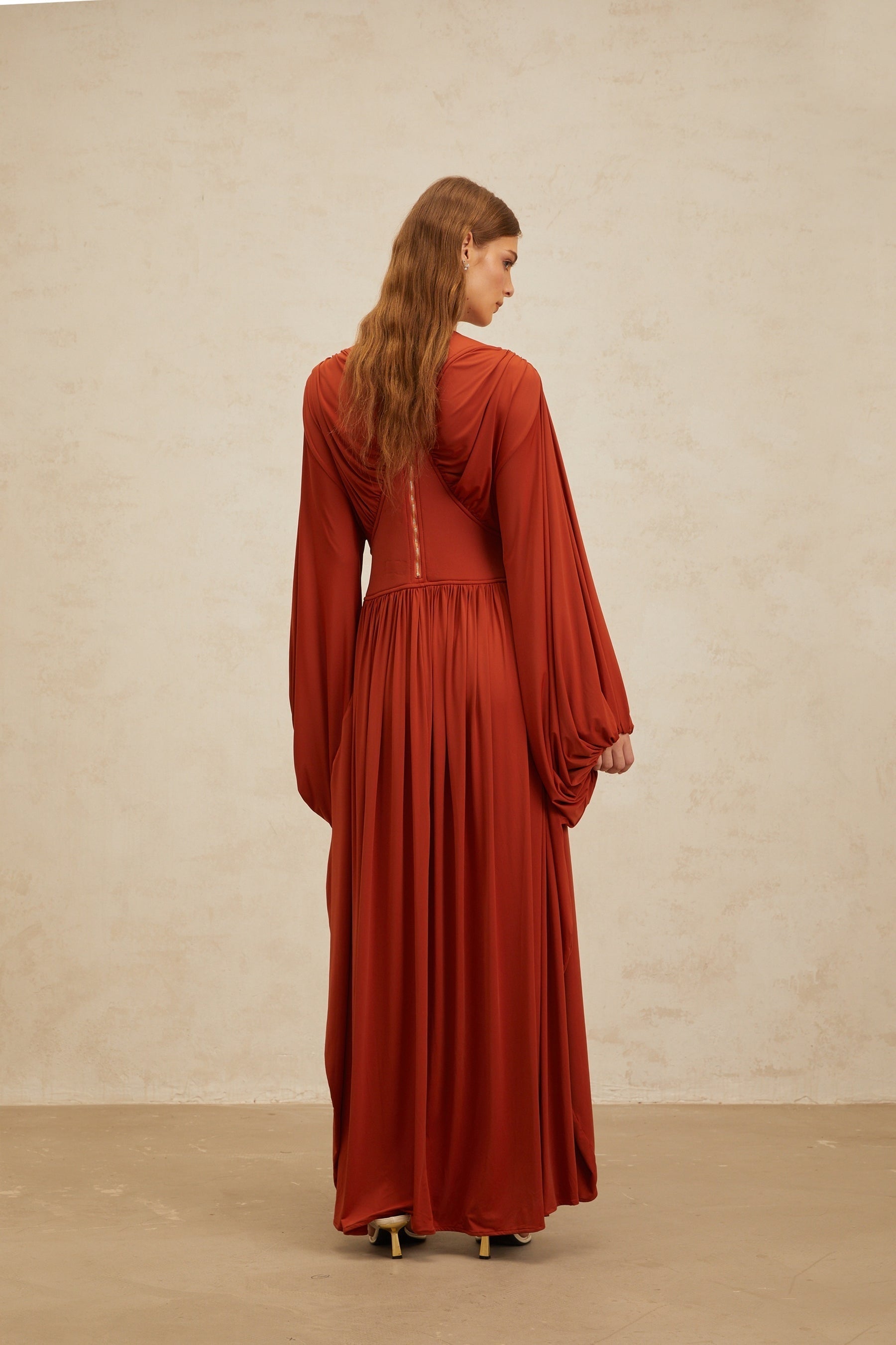 Orange Maxi Dress with Long Puff Sleeves and Cinched Waist