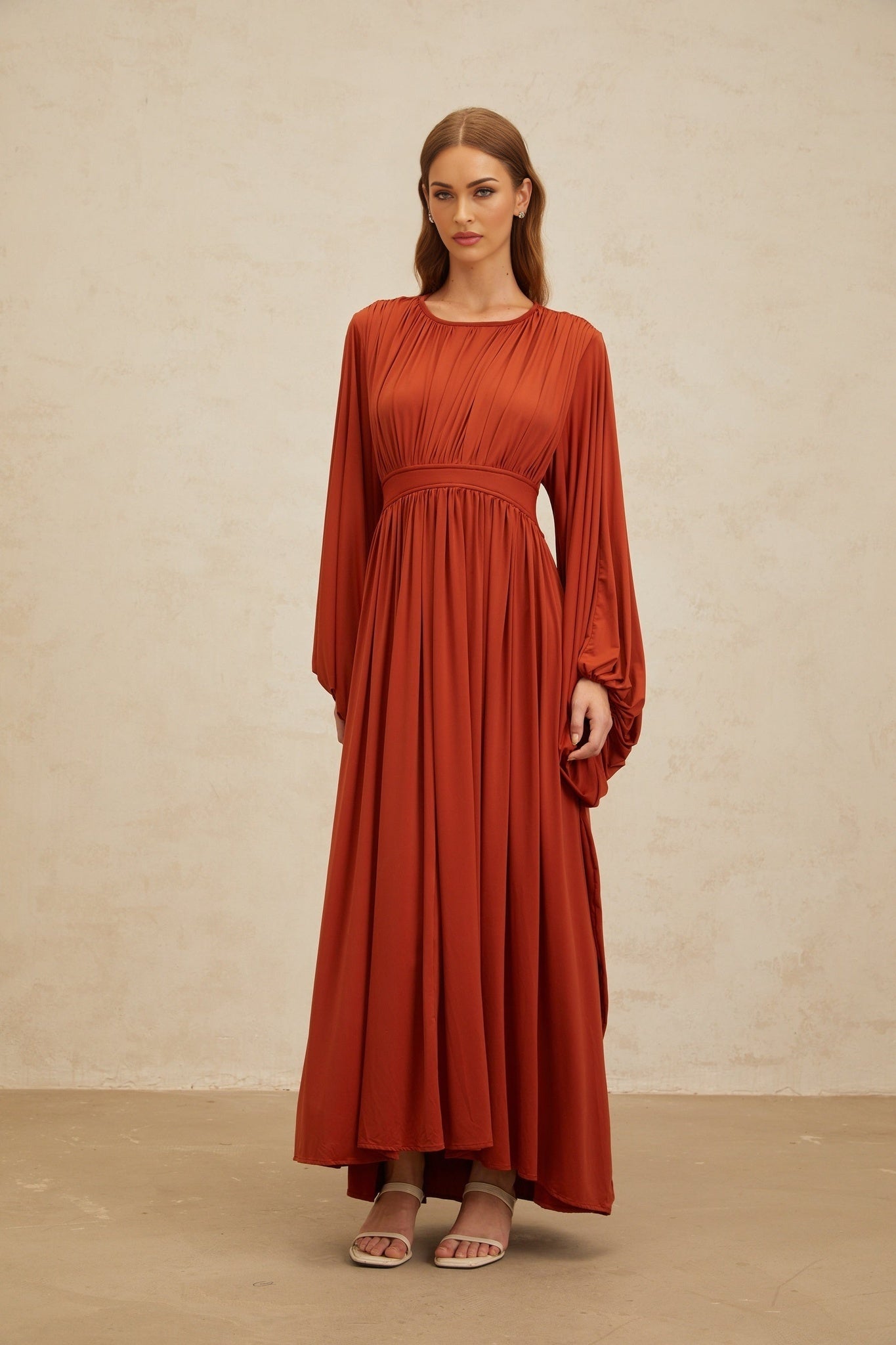 Orange Maxi Dress with Puff Sleeves and Cinched Waist