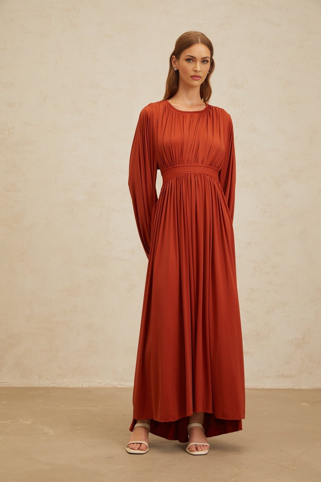 Orange Maxi Dress with Puff Sleeves and Cinched Waist