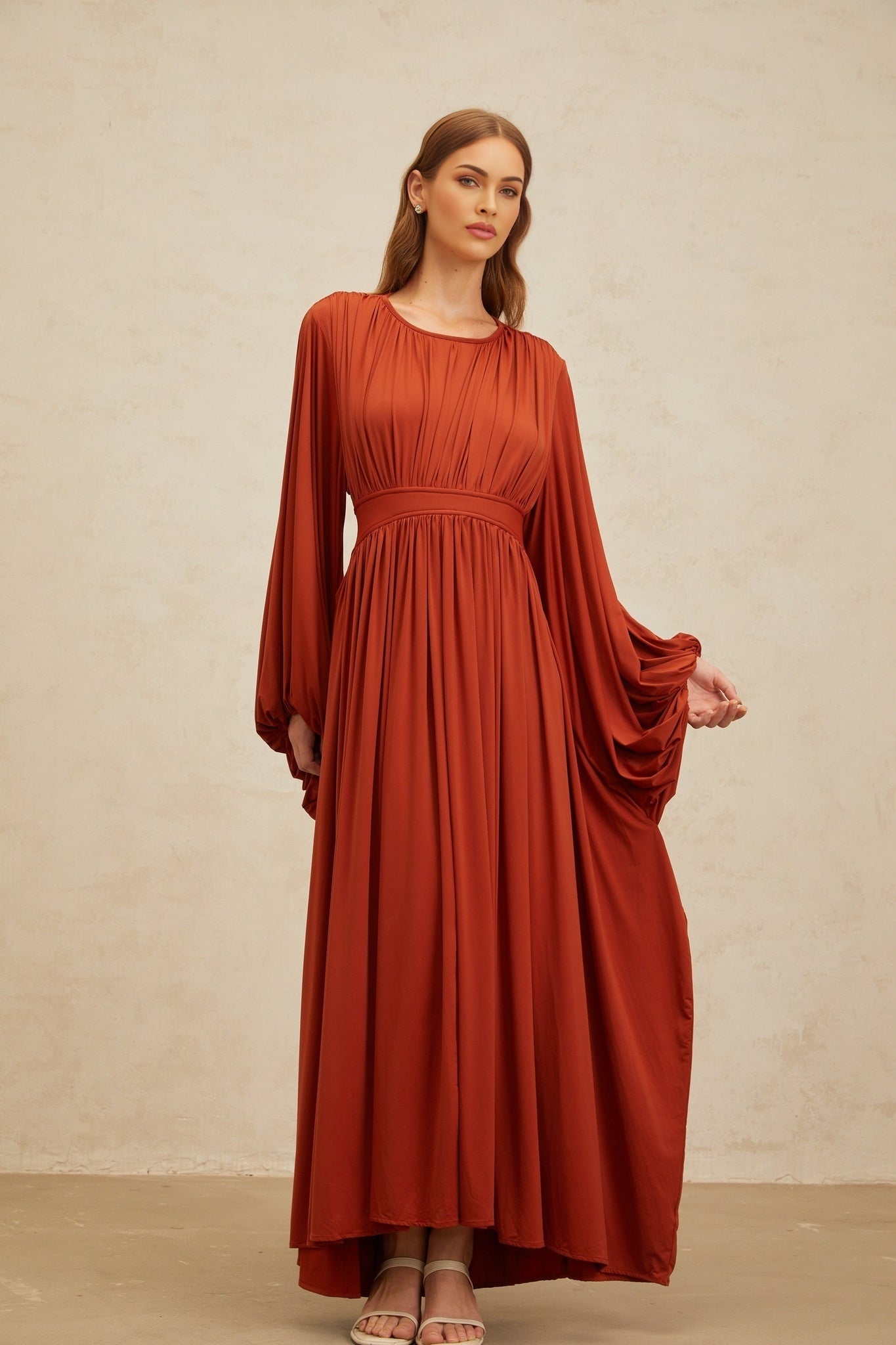 Orange Maxi Dress with Puff Sleeves and Cinched Waist