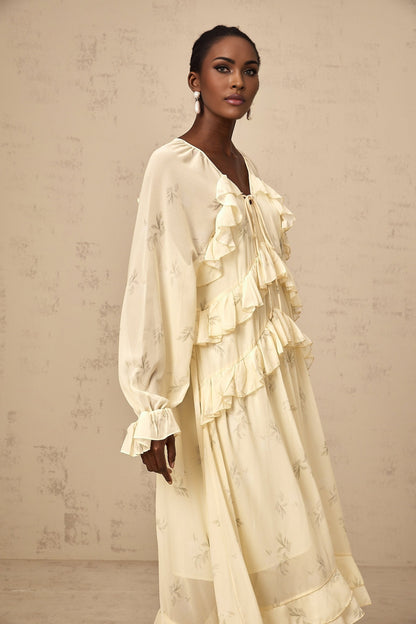 Oriane yellow midi dress with floral print and ruffled chiffon design