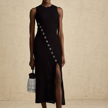 Ornella Black Midi Dress with Diamond Hoop Decoration and Side Slit in Stretch Jersey Fabric
