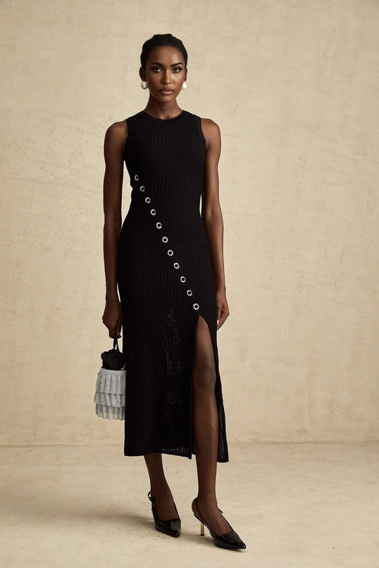 Ornella Black Midi Dress with Diamond Hoop Decoration and Side Slit in Stretch Jersey Fabric