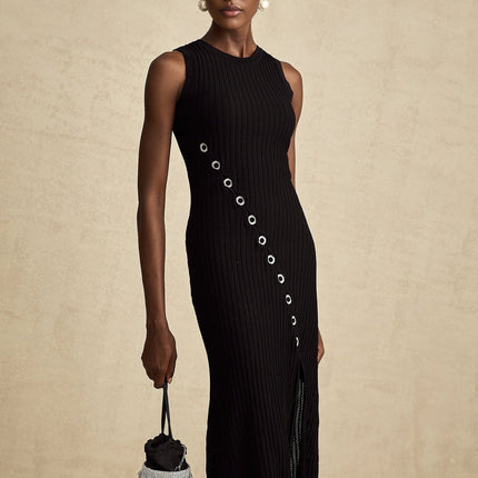 Ornella Black Midi Dress with Diamond-Studded Hoop Decoration and Side Slit in Stretch Jersey Fabric