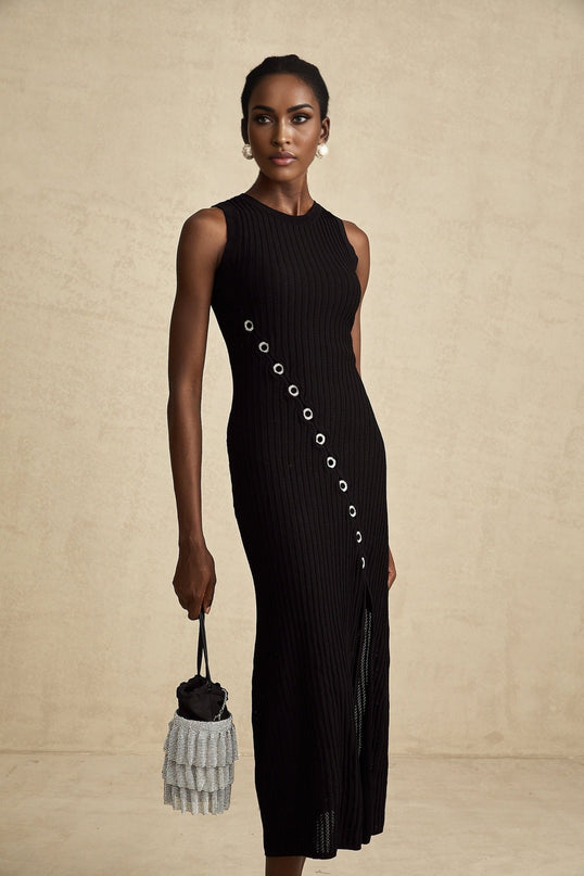 Ornella Black Midi Dress with Diamond-Studded Hoop Decoration and Side Slit in Stretch Jersey Fabric