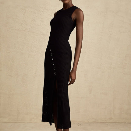 Ornella Black Stretch Jersey Midi Dress with Diamond-Studded Hoop Decoration and Side Slit