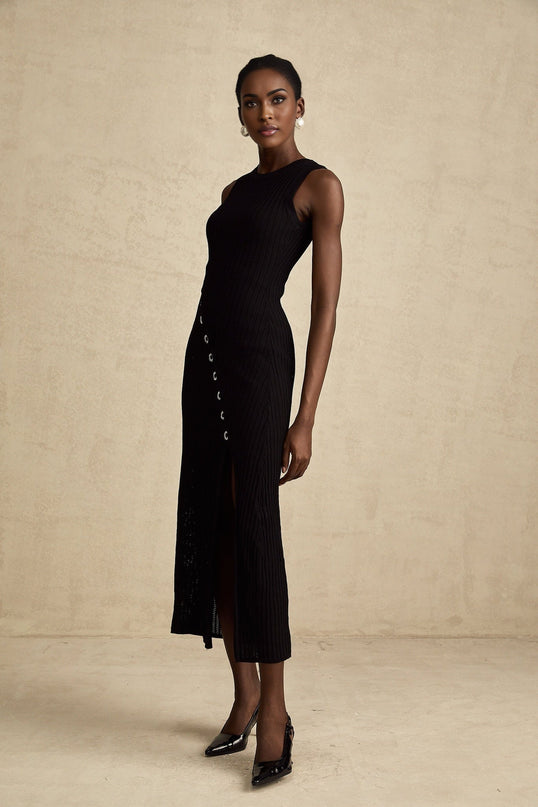 Ornella Black Stretch Jersey Midi Dress with Diamond-Studded Hoop Decoration and Side Slit