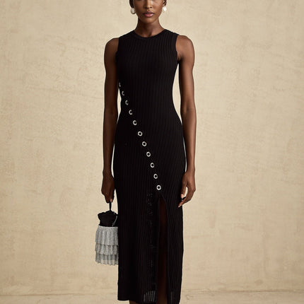 Ornella Black Stretch Jersey Midi Dress with Diamond-Studded Hoop Decoration and Side Slit