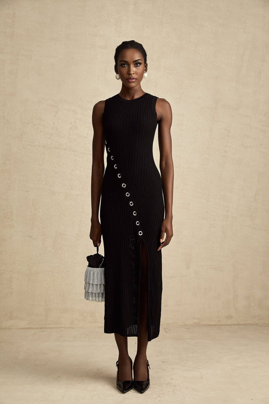 Ornella Black Stretch Jersey Midi Dress with Diamond-Studded Hoop Decoration and Side Slit