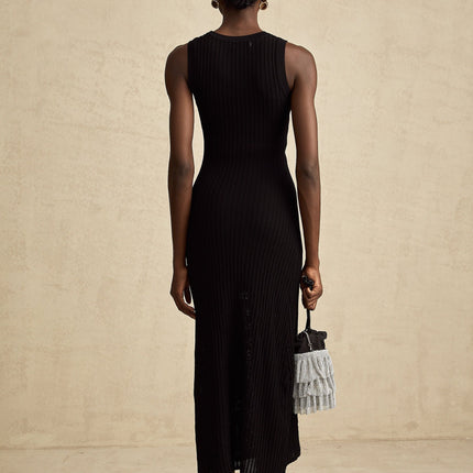 Ornella Black Stretch Jersey Midi Dress with Diamond-Studded Hoop Decoration and Side Slit