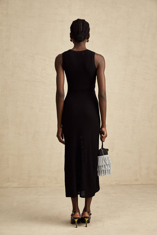 Ornella Black Stretch Jersey Midi Dress with Diamond-Studded Hoop Decoration and Side Slit