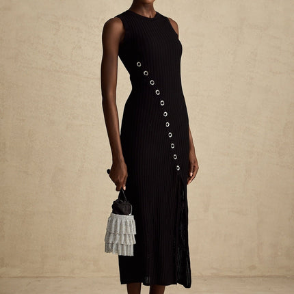 Ornella Black Stretch Jersey Midi Dress with Diamond-Studded Hoop Decoration and Side Slit