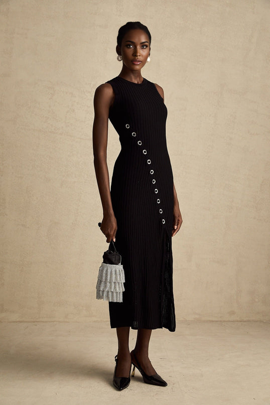 Ornella Black Stretch Jersey Midi Dress with Diamond-Studded Hoop Decoration and Side Slit