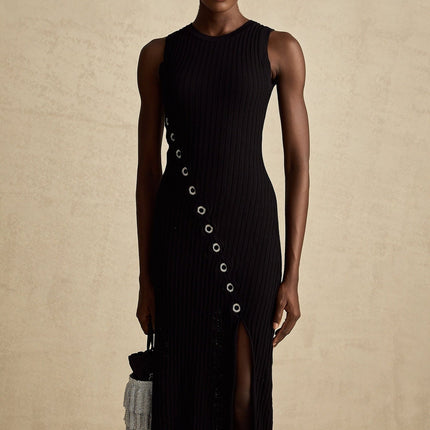 Ornella Black Stretch Jersey Midi Dress with Diamond-Studded Hoop Decoration and Side Slit