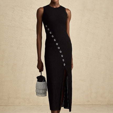 Ornella Black Stretch Jersey Hoop Decoration Midi Dress
