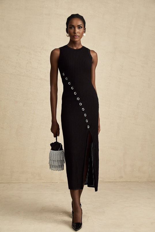 Ornella Black Stretch Jersey Hoop Decoration Midi Dress