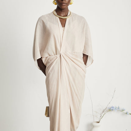 Ornella Deep V-neck Midi Dress in Neutrals