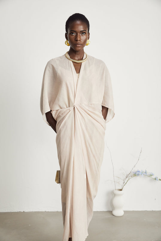 Ornella Deep V-neck Midi Dress in Neutrals