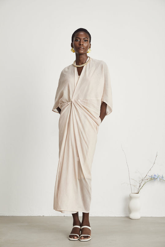 Ornella Deep V-neck Midi Dress Neutrals