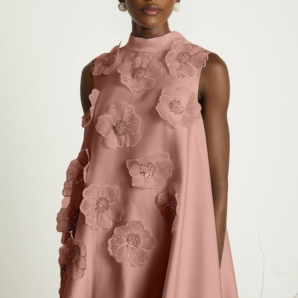 Ornella Floral Midi Dress in Soft Pink with Floral Appliqué and Bead Embellishment