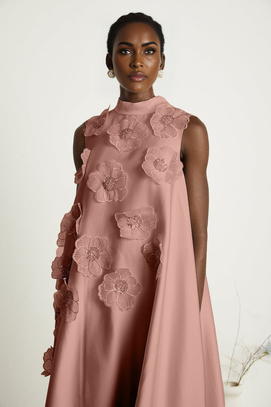 Ornella Floral Midi Dress in Soft Pink with Floral Appliqué and Bead Embellishment