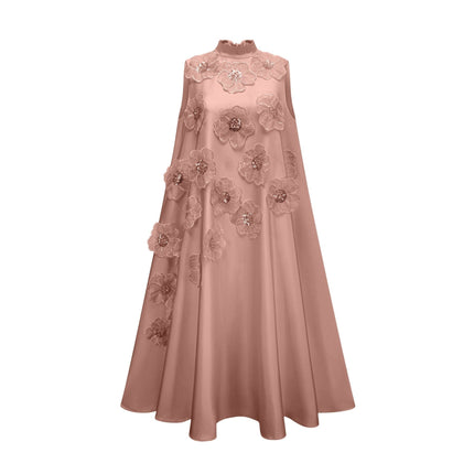 Ornella Floral Midi Dress in Soft Pink, 100% Polyester, Sleeveless A-line silhouette with bead embellishment and floral appliqué