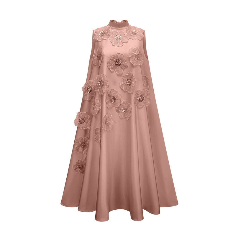 Ornella Floral Midi Dress in Soft Pink, 100% Polyester, Sleeveless A-line silhouette with bead embellishment and floral appliqué