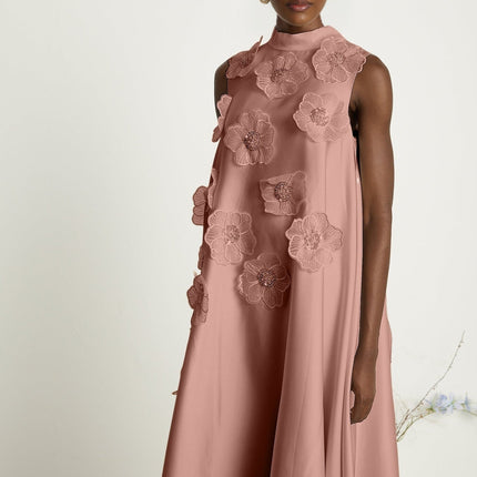 Ornella Floral Midi Dress in Soft Pink with exquisite floral appliqué and delicate bead embellishment