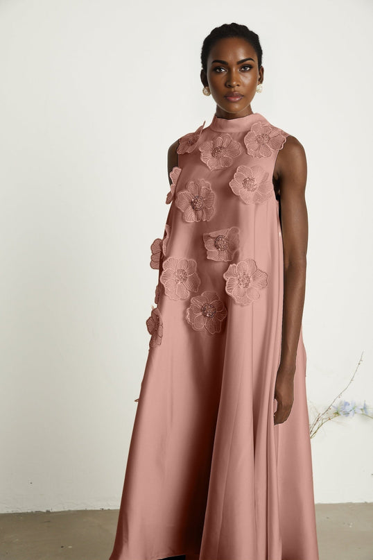 Ornella Floral Midi Dress in Soft Pink with exquisite floral appliqué and delicate bead embellishment