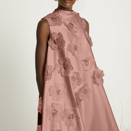 Ornella Floral Midi Dress in Soft Pink with Floral Appliqué and Bead Embellishment