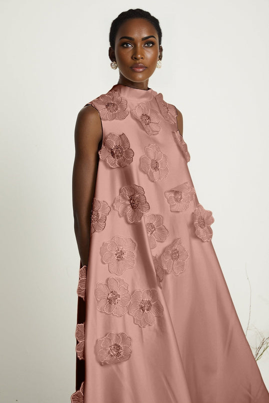 Ornella Floral Midi Dress in Soft Pink with Floral Appliqué and Bead Embellishment