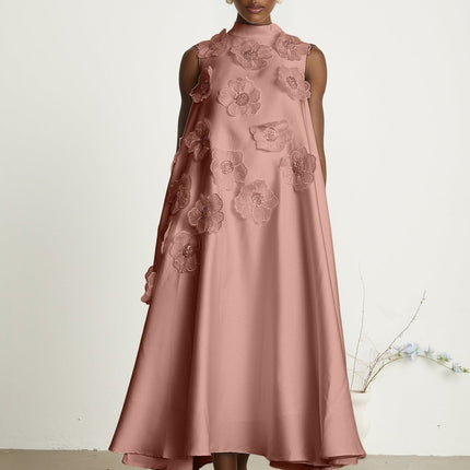 Ornella Floral Midi Dress in Soft Pink with Floral Appliqué and Bead Embellishment