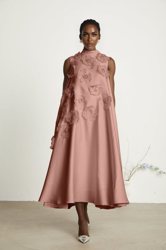 Ornella Floral Midi Dress in Soft Pink with Floral Appliqué and Bead Embellishment