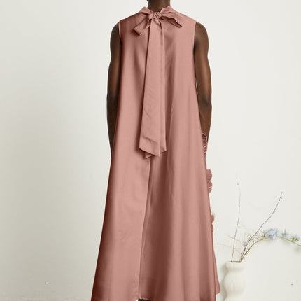 Ornella Floral Midi Dress in Soft Pink with Floral Appliqué and Bead Embellishment