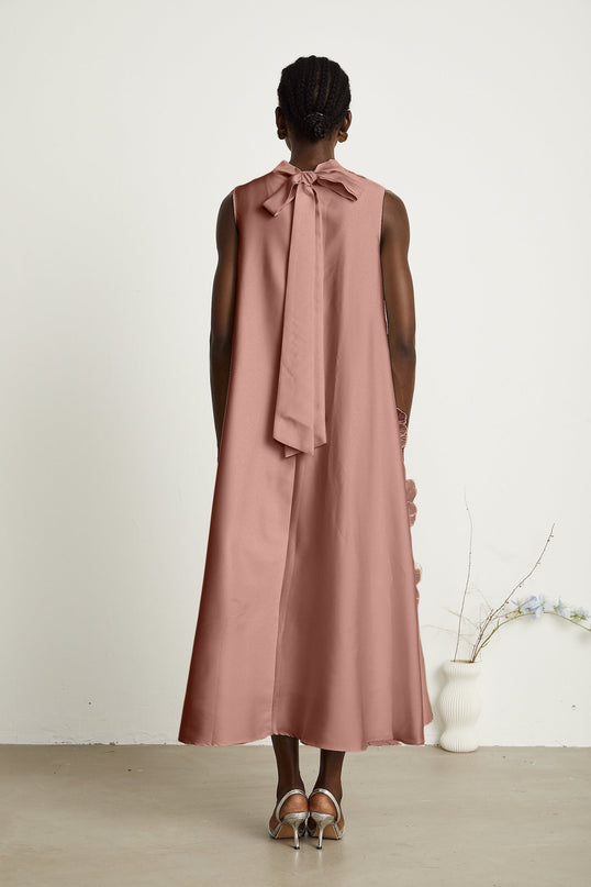Ornella Floral Midi Dress in Soft Pink with Floral Appliqué and Bead Embellishment