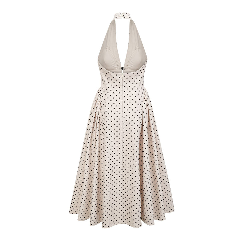 Ornella Midi Dress in White with Black Polka Dots Halterneck Open Back Bow Detail Puff Skirt Calf-Length Hemline Rear Button Zip Fastening