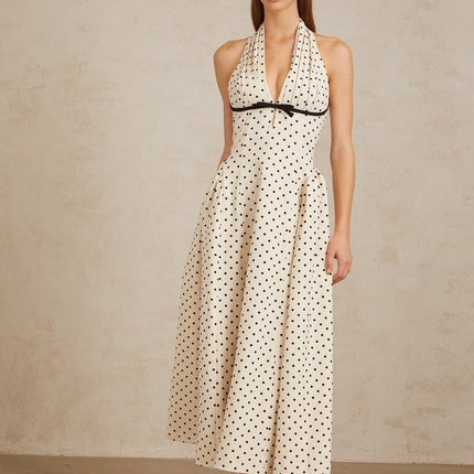 Ornella Midi Dress White Black Polka Dots Halterneck Open Back Bow Puff Skirt Calf-length Hemline Rear Button Zip Fastening Special Occasions
