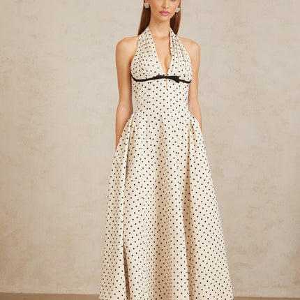 Ornella Midi Dress in White with Black Polka Dots