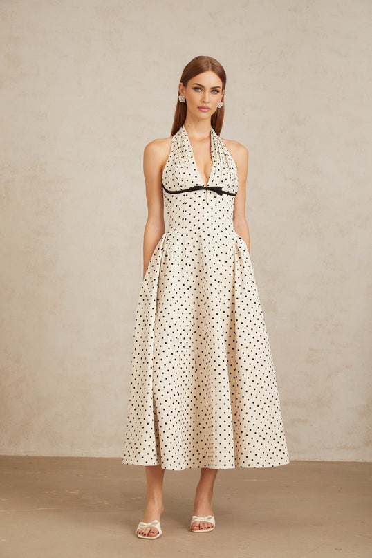 Ornella Midi Dress in White with Black Polka Dots
