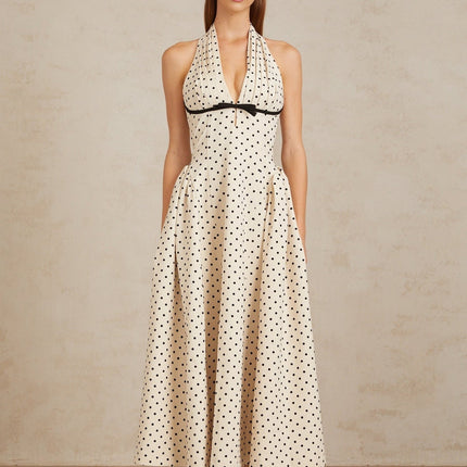 Ornella Midi Dress in White with Black Polka Dots halterneck open back bow puff skirt calf-length hemline rear button zip fastening special occasions classic charm contemporary style