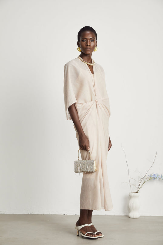 Ornella Neutrals Deep V-neck Midi Dress Ramie Polyamide Flax Blend Elegant Modern Luxury Versatile Must-Have Fashion-Forward Timeless Allure