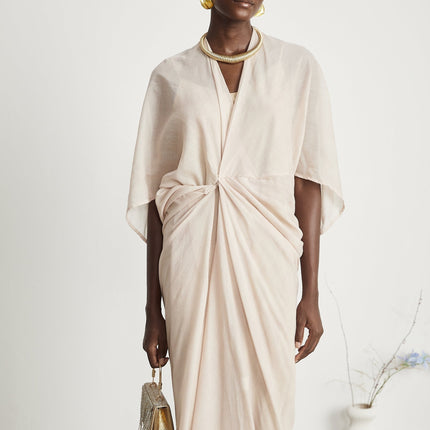 Ornella Neutrals Deep V-neck Midi Dress Ramie Polyamide Flax Elegant Versatile Luxury Fashion