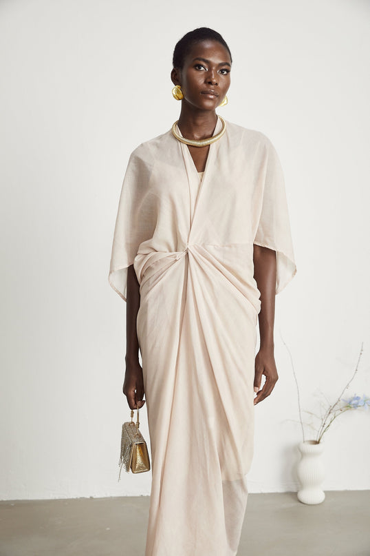 Ornella Neutrals Deep V-neck Midi Dress Ramie Polyamide Flax Elegant Versatile Luxury Fashion